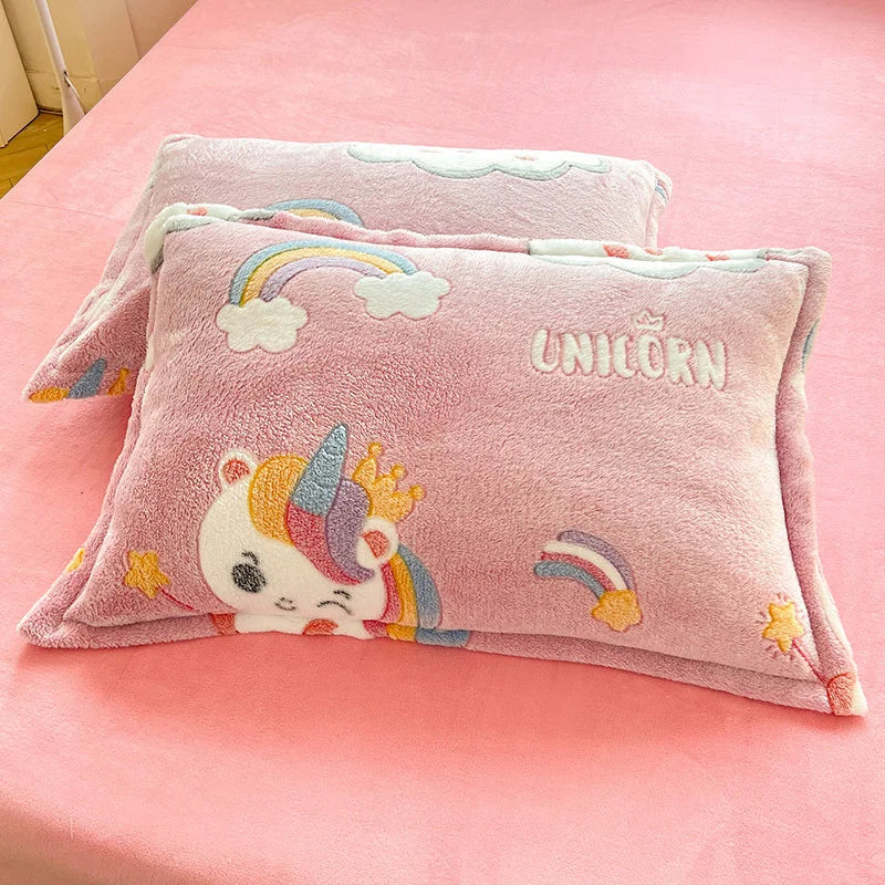 Taie d'oreiller flanelle rose licorne